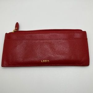 Authentic Lodis Red Leather Credit Card Wallet with Gold Hardware